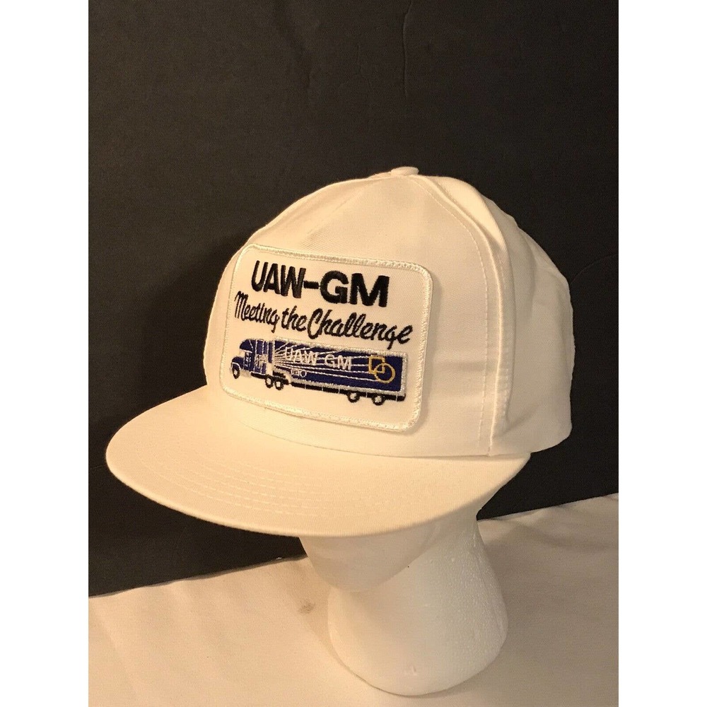 Vtg General Motors Hat White Strap Back Cap Trucker Patch Logo UAW GM 80s USA